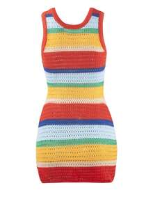 Vestido Curto e Justo Sexy de Malha Vazada com Blocos de Cor para Mulheres na Primavera e no Verão, Cobrindo a Bunda, para Festa e Balada - Multicolorido - Visão 2