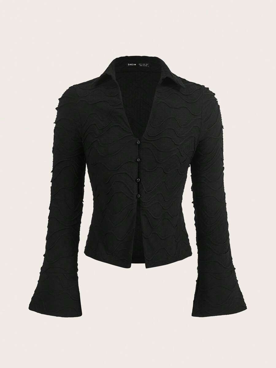 SHEIN EZwear Solid Button Front Tee - Black - View 1