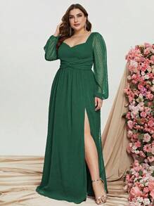 Plus Swiss Dot Sweetheart Neck Lantern Sleeve Split Thigh Chiffon Maxi Dress