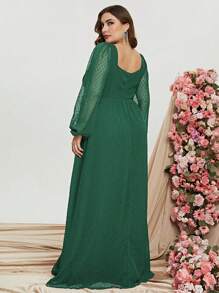 Plus Swiss Dot Sweetheart Neck Lantern Sleeve Split Thigh Chiffon Maxi Dress