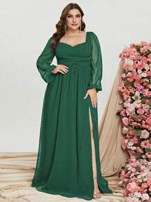 Plus Swiss Dot Sweetheart Neck Lantern Sleeve Split Thigh Chiffon Maxi Dress