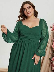 Plus Swiss Dot Sweetheart Neck Lantern Sleeve Split Thigh Chiffon Maxi Dress