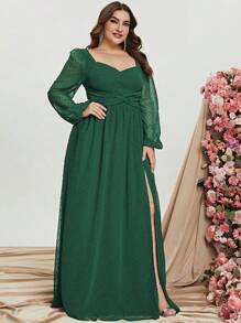 Plus Swiss Dot Sweetheart Neck Lantern Sleeve Split Thigh Chiffon Maxi Dress