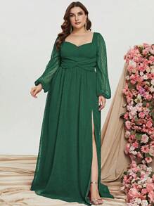Plus Swiss Dot Sweetheart Neck Lantern Sleeve Split Thigh Chiffon Maxi Dress