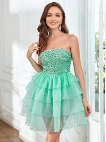 Contrast Sequin Layer Hem Tube Dress - Mint Green - View 1