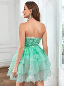 Contrast Sequin Layer Hem Tube Dress - Mint Green - View 2