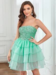 Contrast Sequin Layer Hem Tube Dress - Mint Green - View 3