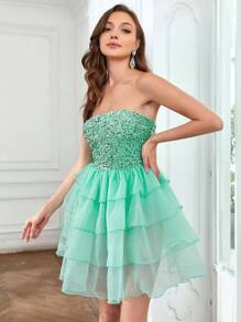 Contrast Sequin Layer Hem Tube Dress - Mint Green - View 5