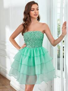 Contrast Sequin Layer Hem Tube Dress - Mint Green - View 6