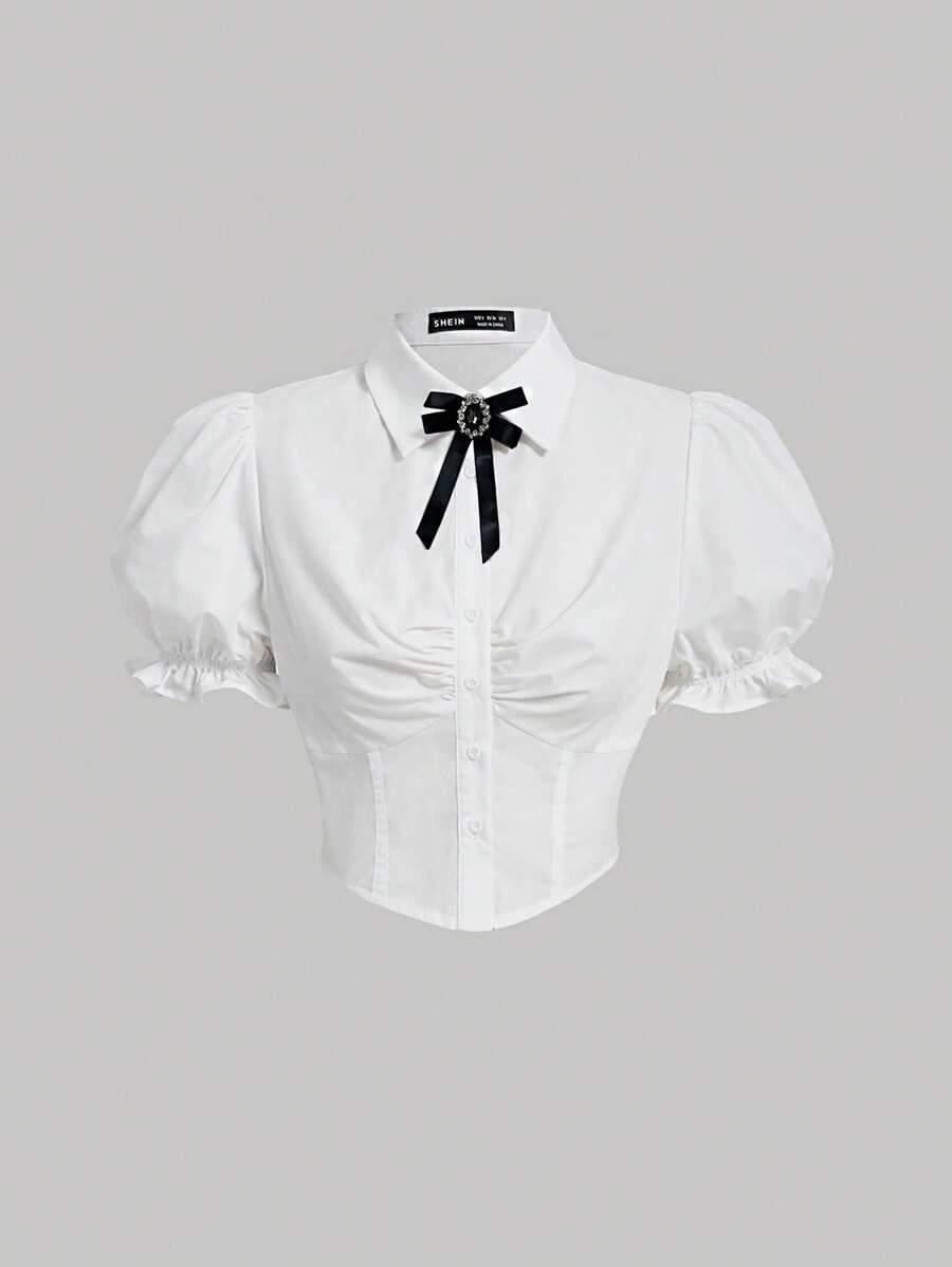 SHEIN MOD Puff Sleeve Button Front Shirt With Tie - White - View 1