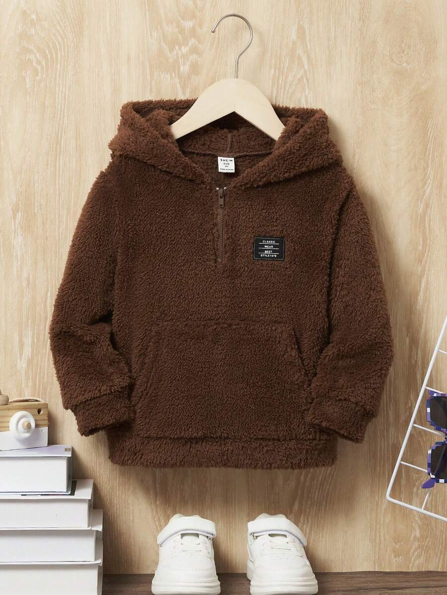 SHEIN 男童字母贴布袋鼠口袋3D耳朵设计泰迪熊卫衣 - 咖啡棕 - 查看 1