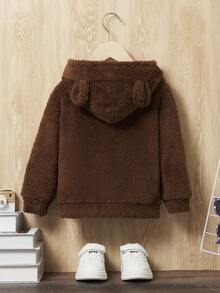 SHEIN 男童字母贴布袋鼠口袋3D耳朵设计泰迪熊卫衣 - 咖啡棕 - 查看 2