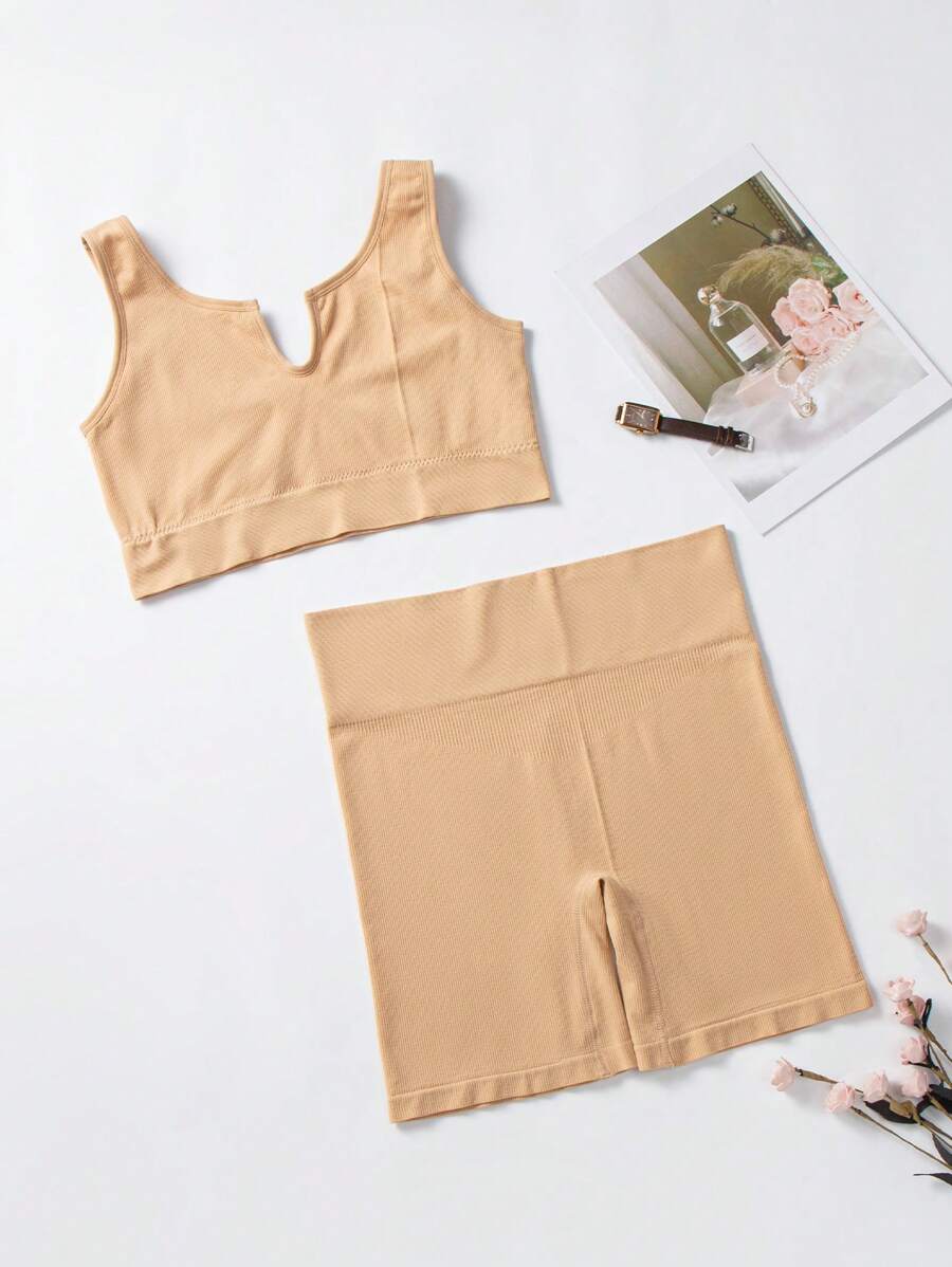 Plus Ribbed Notched Lingerie Set - Apricot - View 1