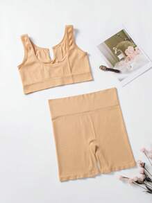 Plus Ribbed Notched Lingerie Set - Apricot - View 2