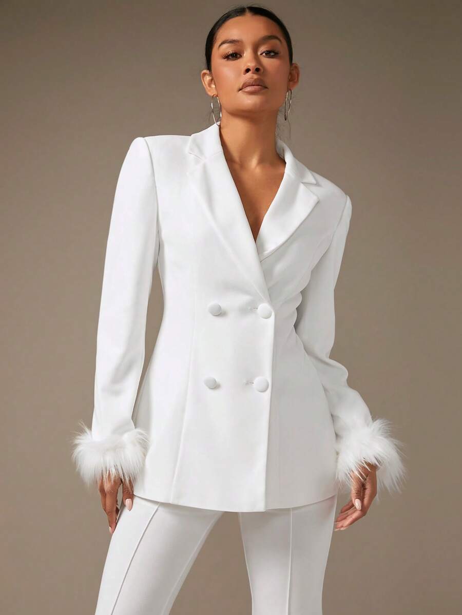 SHEIN BAE Fuzzy Cuff Double Breasted Blazer In Fall/Winter - White - View 1