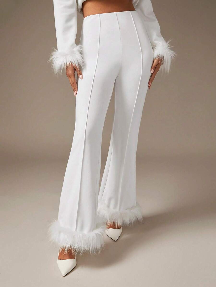 SHEIN BAE Fuzzy Trim Flare Leg Pants - White - View 1