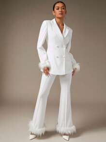 SHEIN BAE Fuzzy Trim Flare Leg Pants - White - View 3