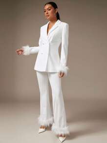 SHEIN BAE Fuzzy Trim Flare Leg Pants - White - View 4