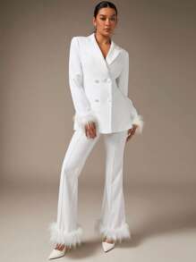 SHEIN BAE Fuzzy Trim Flare Leg Pants - White - View 5