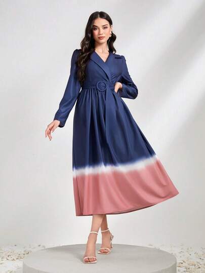 Seusyu 漸層西裝領繫腰帶連衣裙