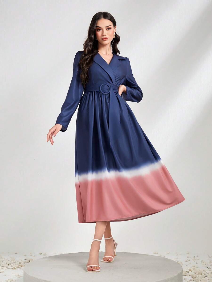 Seusyu 漸層西裝領繫腰帶連衣裙 - 藏蓝色 - 查看 1