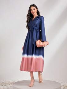 Seusyu 漸層西裝領繫腰帶連衣裙 - 藏蓝色 - 查看 3