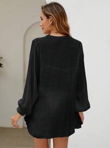 Swim Vcay Summer Beach Solid Button Front Kimono - Black - View 3