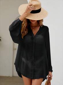 Swim Vcay Summer Beach Solid Button Front Kimono - Black - View 4