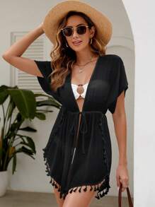 Swim Vcay 流蘇邊腰部抽繩蝙蝠袖和服罩衫