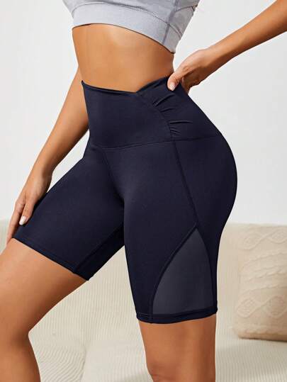 嵌入網紗寬腰帶頂針運動短褲