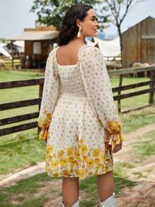 SHEIN VCAY 大碼印花荷葉袖洋裝 - 彩色 - 查看 3