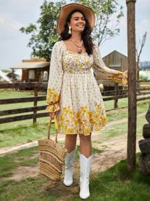 SHEIN VCAY 大碼印花荷葉袖洋裝 - 彩色 - 查看 4