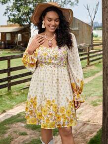 SHEIN VCAY 大碼印花荷葉袖洋裝 - 彩色 - 查看 5