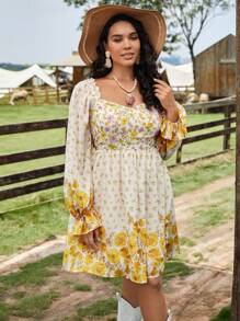 SHEIN VCAY 大碼印花荷葉袖洋裝 - 彩色 - 查看 6