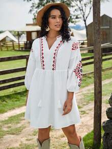 SHEIN VCAY 大碼印花流蘇繫帶領落肩袖娃娃裙 - 白色 - 查看 6