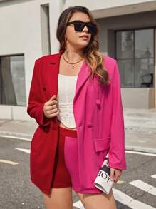 SHEIN Essnce Plus 1pc Two Tone Double Breasted Blazer & 1pc Shorts