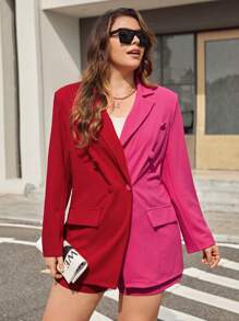 SHEIN Essnce Plus 1pc Two Tone Double Breasted Blazer & 1pc Shorts