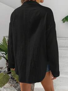 SHEIN Frenchy Chất rắn Nút phía trước Thả vai Áo sơ mi - màu đen - Xem 2