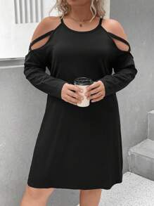 SHEIN LUNE Plus Cold Shoulder Dress - Black - View 1