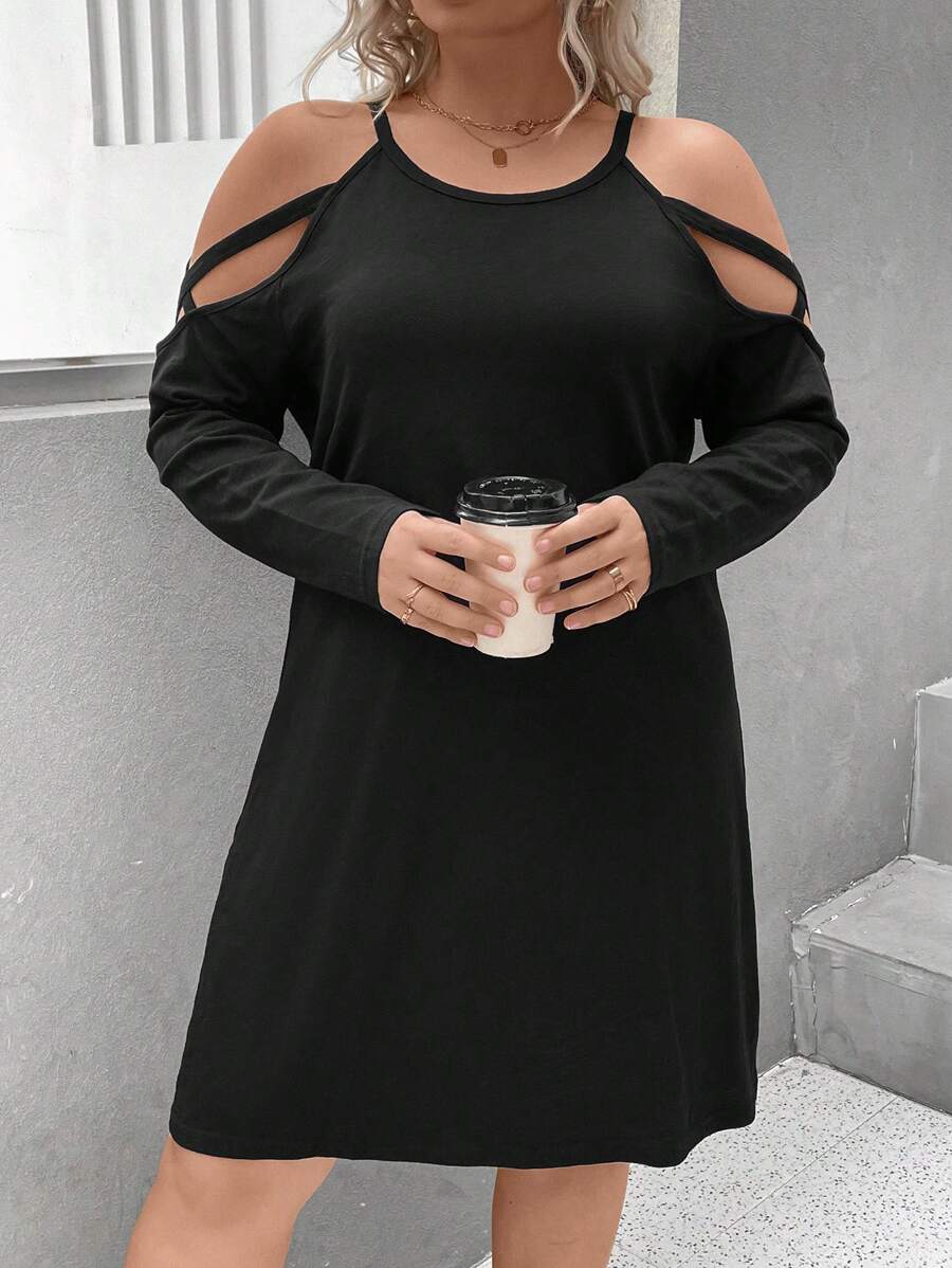 SHEIN LUNE Plus Cold Shoulder Dress - Black - View 1
