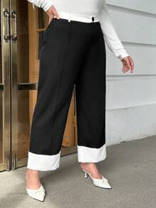 SHEIN Essnce Plus Contrast Panel Roll Up Hem Suit Pants - Black - View 5