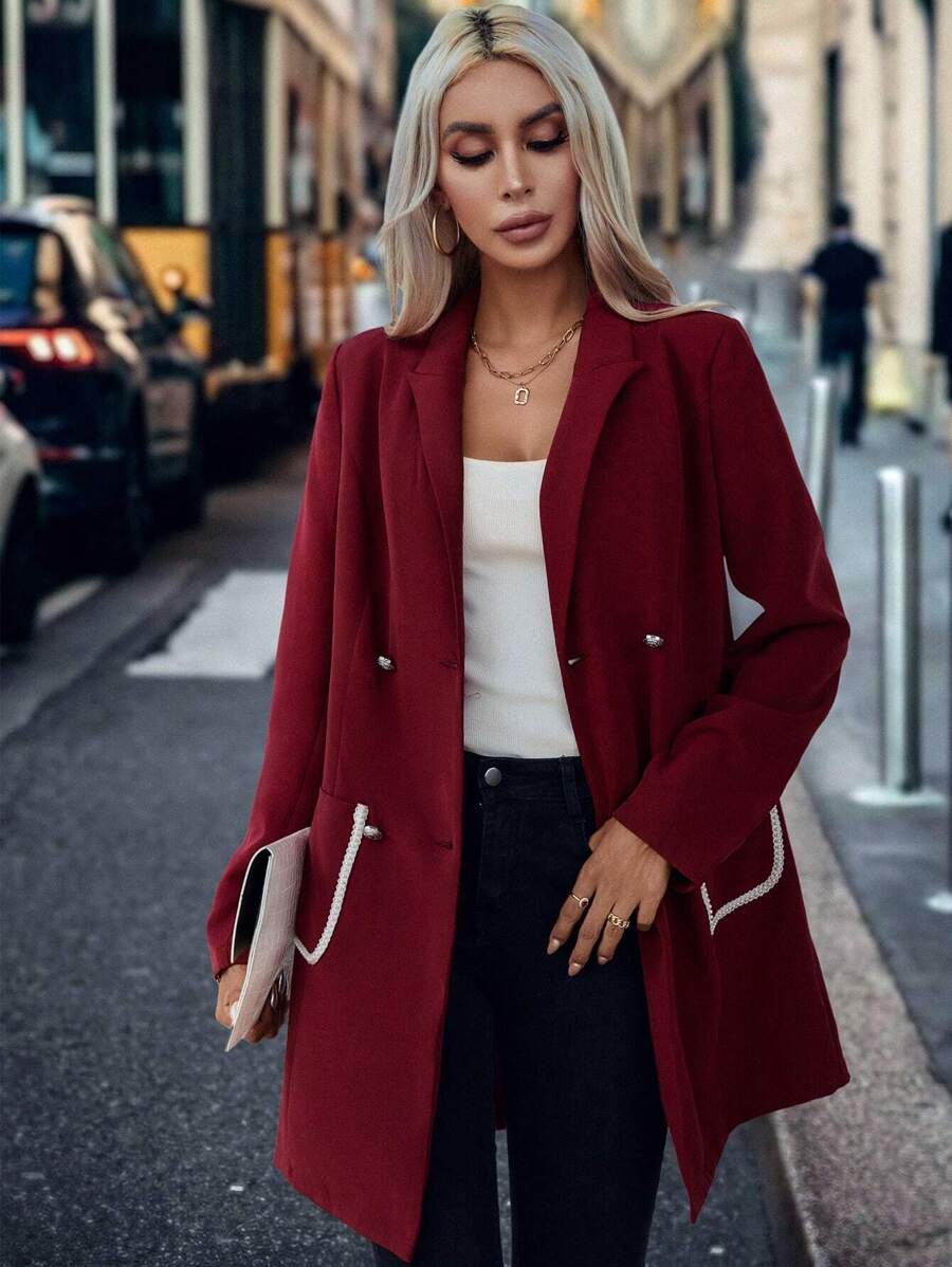 SHEIN Clasi 撞色鑲邊雙排扣雙口袋西裝外套