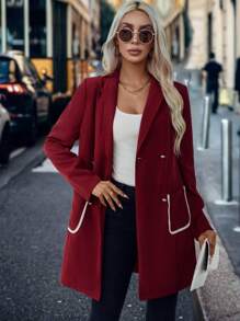 SHEIN Clasi 撞色鑲邊雙排扣雙口袋西裝外套