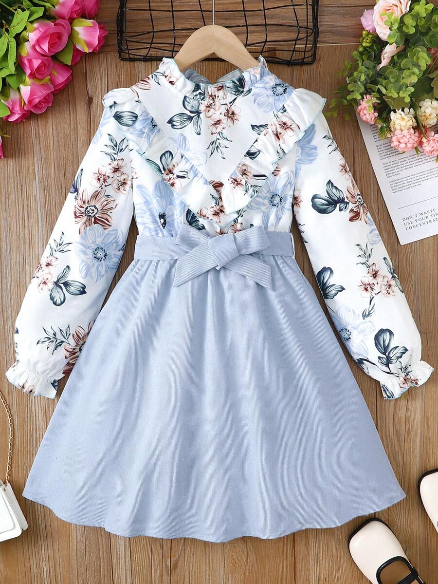 SHEIN Tween Girl Floral Print Ruffle Trim Flounce Sleeve Belted Dress - Blue and White - View 1