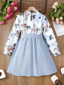 SHEIN Tween Girl Floral Print Ruffle Trim Flounce Sleeve Belted Dress - Blue and White - View 2