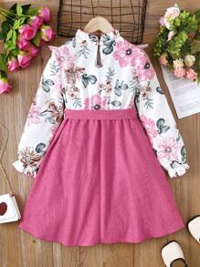 SHEIN 女大童印花荷葉邊荷葉袖繫腰帶連衣裙