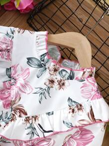 SHEIN 女大童印花荷葉邊荷葉袖繫腰帶連衣裙