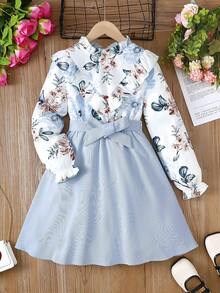 SHEIN Tween Girl Floral Print Ruffle Trim Flounce Sleeve Belted Dress - Blue and White - View 5