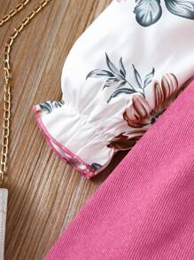 SHEIN 女大童印花荷葉邊荷葉袖繫腰帶連衣裙