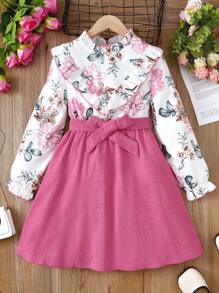 SHEIN 女大童印花荷葉邊荷葉袖繫腰帶連衣裙